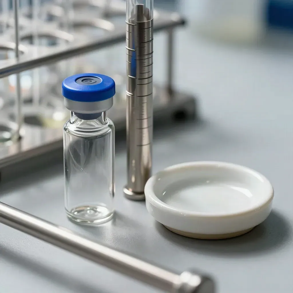 Macro of a lab vial, aluminium specimen tube and ceramic dish with blue cap on stone.