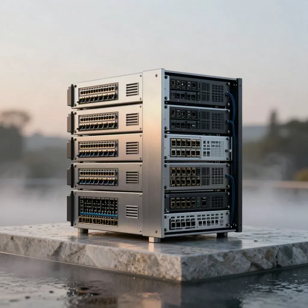 Server modules and fibre loops on wet pale stone in dramatic first light.