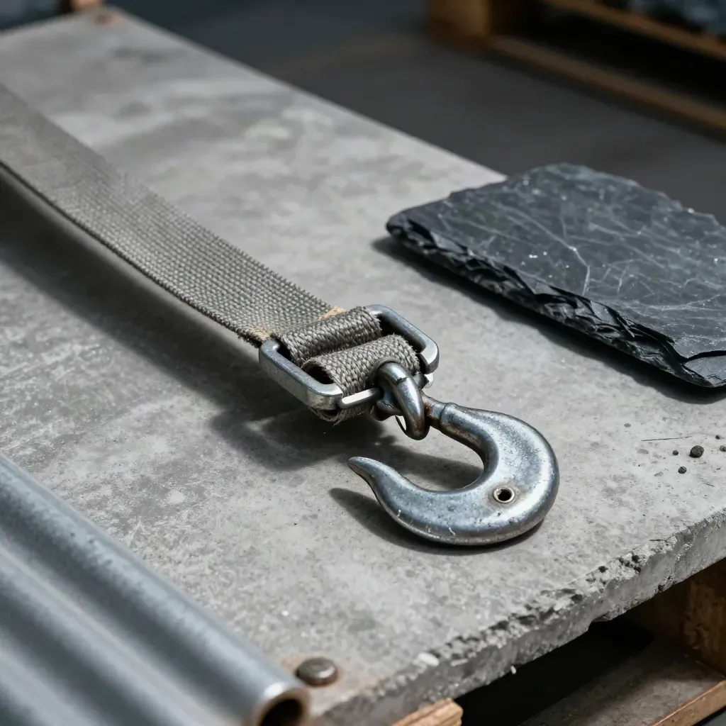 Galvanised cargo hook, buckle, shackle and slate block on concrete, lit from upper left.