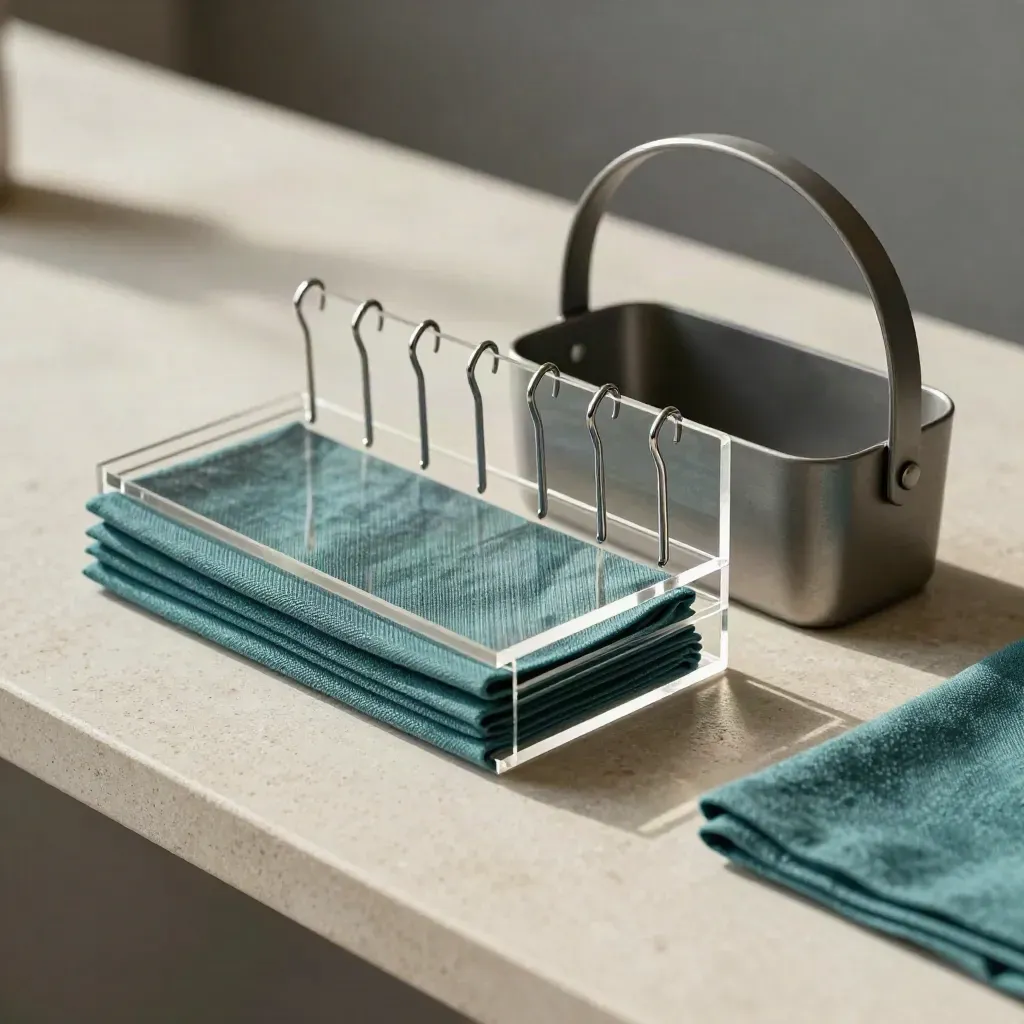 Retail display risers, peg hooks, teal swatch and basket handle on stone