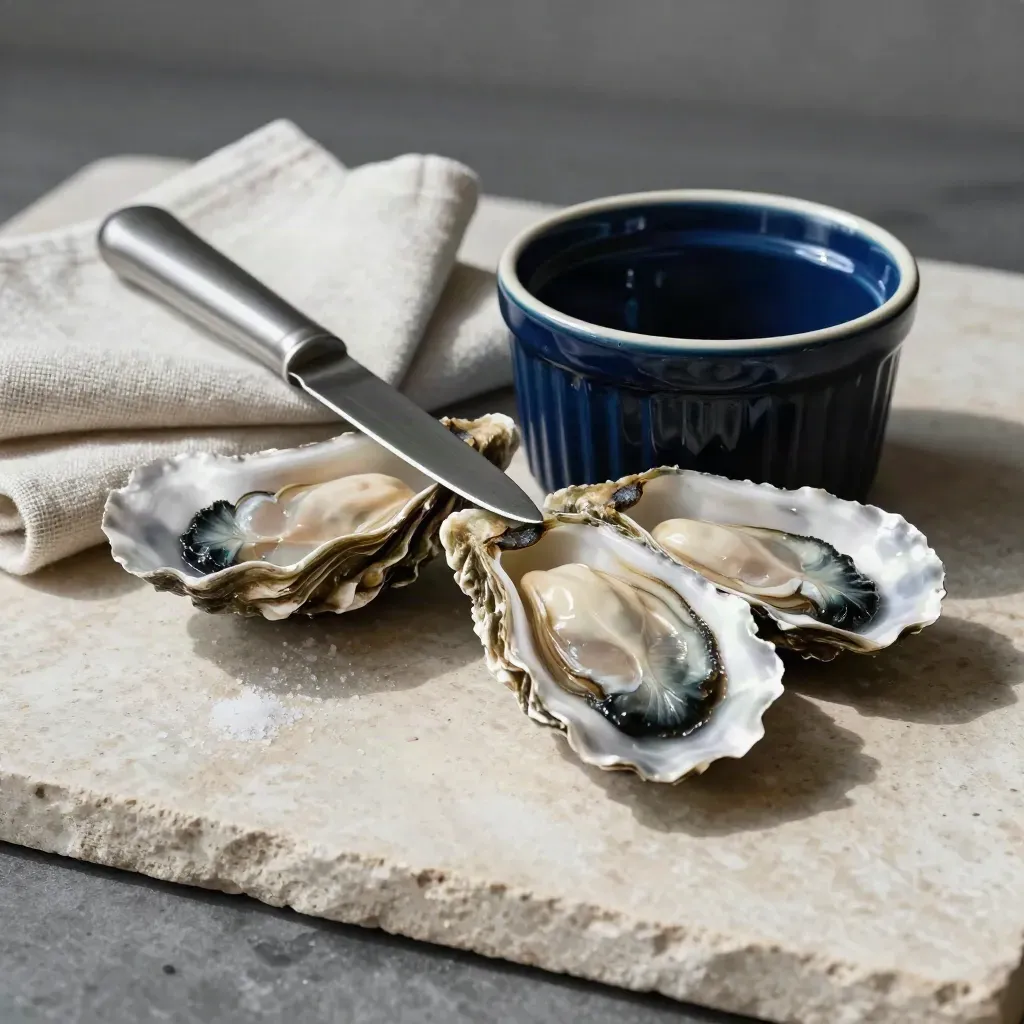 Oyster knife, shells, linen towel and navy ramekin on pale stone in dramatic light