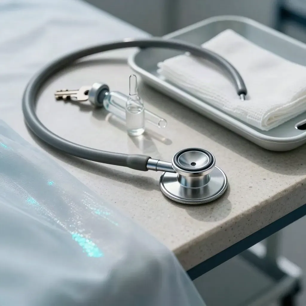 Stethoscope, ampoule, gauze and tray on stone, seen through frosted glass with cool light.
