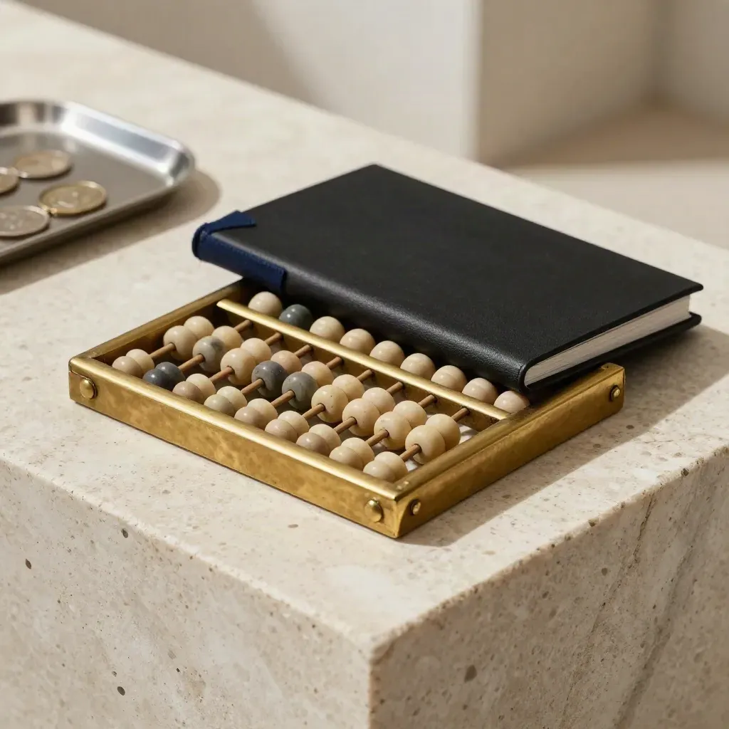 Brass abacus, sealed coin tray and ledger clamp on travertine in a premium finance still life.