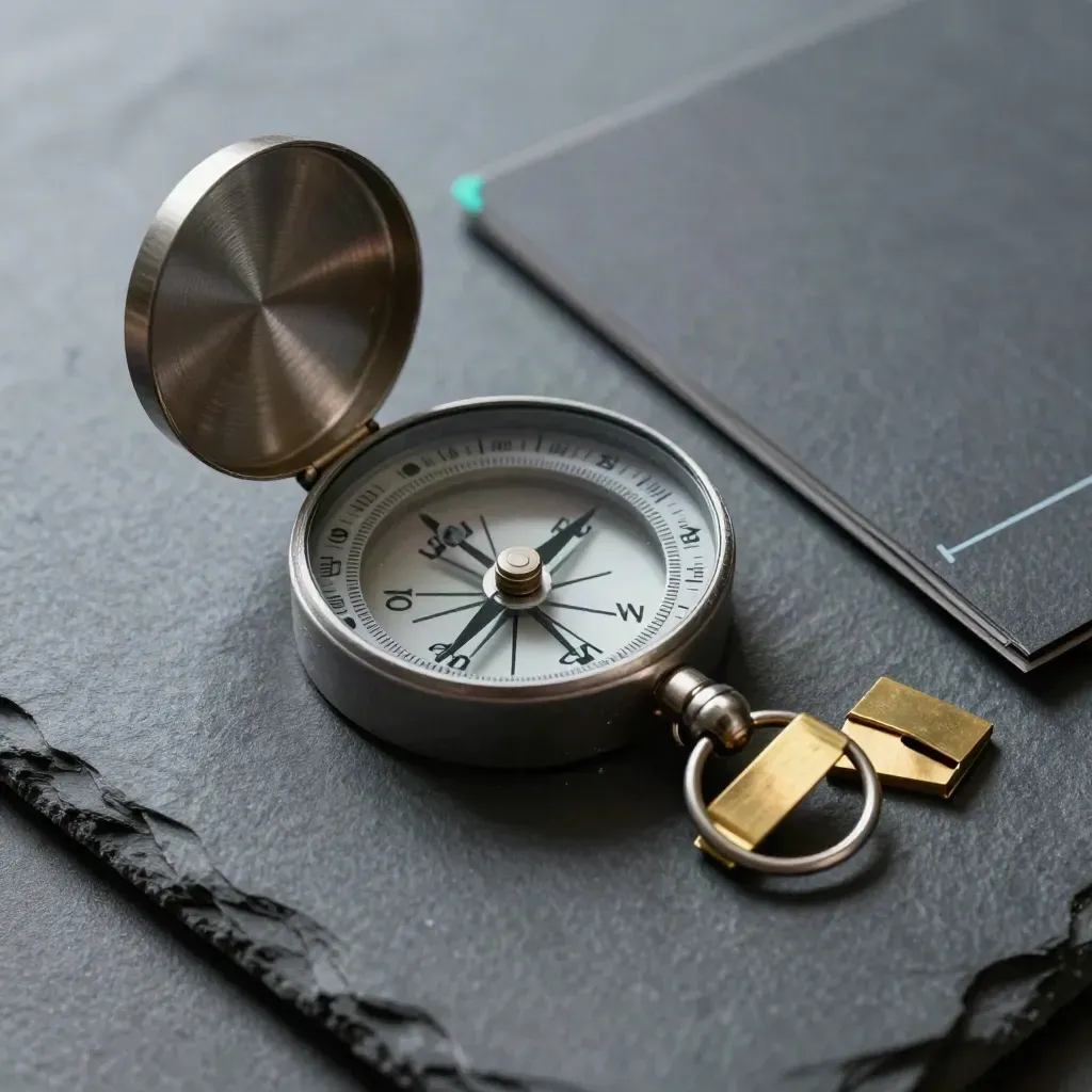 Graphite compass, brass tabs and folded slate planning card on a dark stone surface.