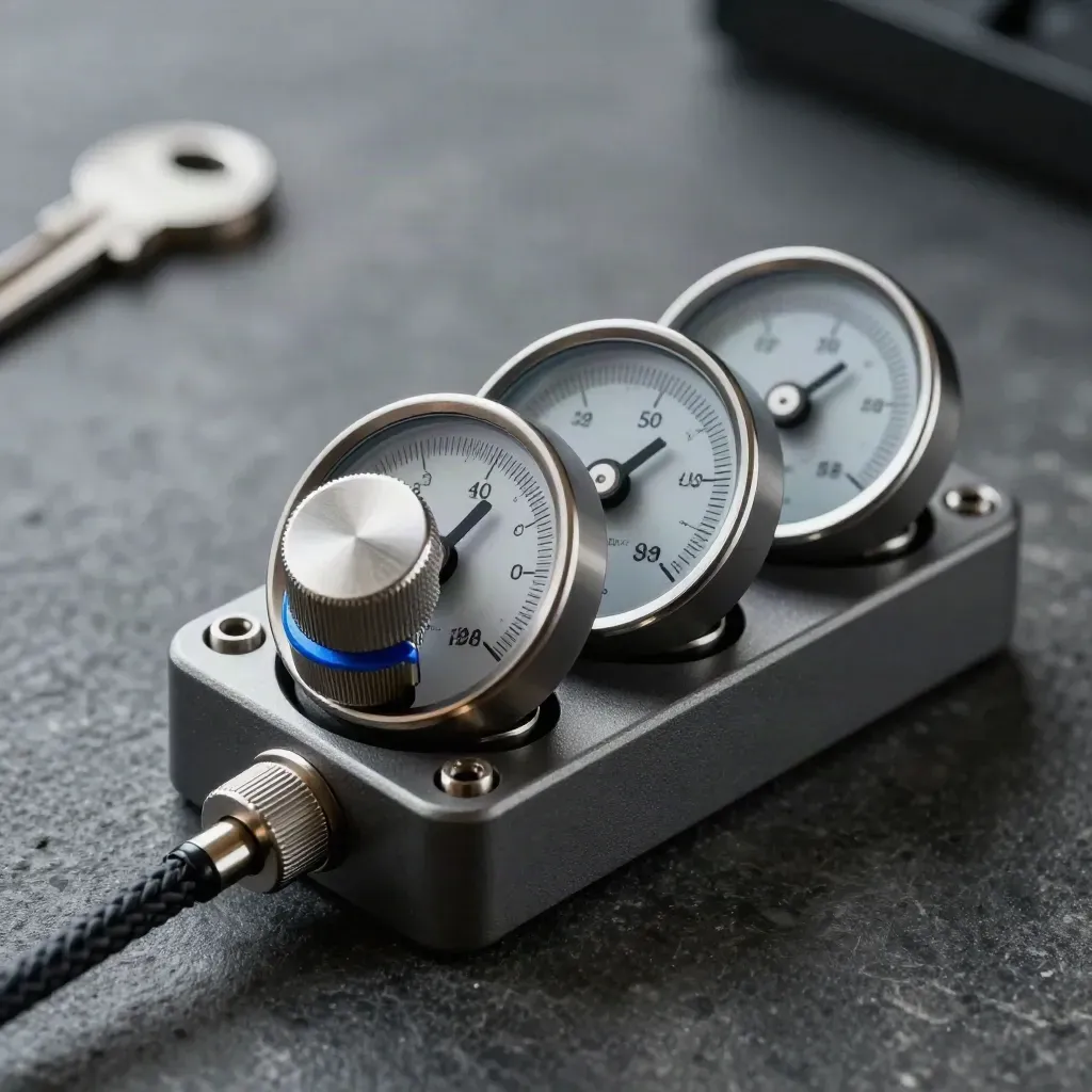 Three stacked metal gauge dials and a brushed-steel knob cluster on graphite under dramatic light.