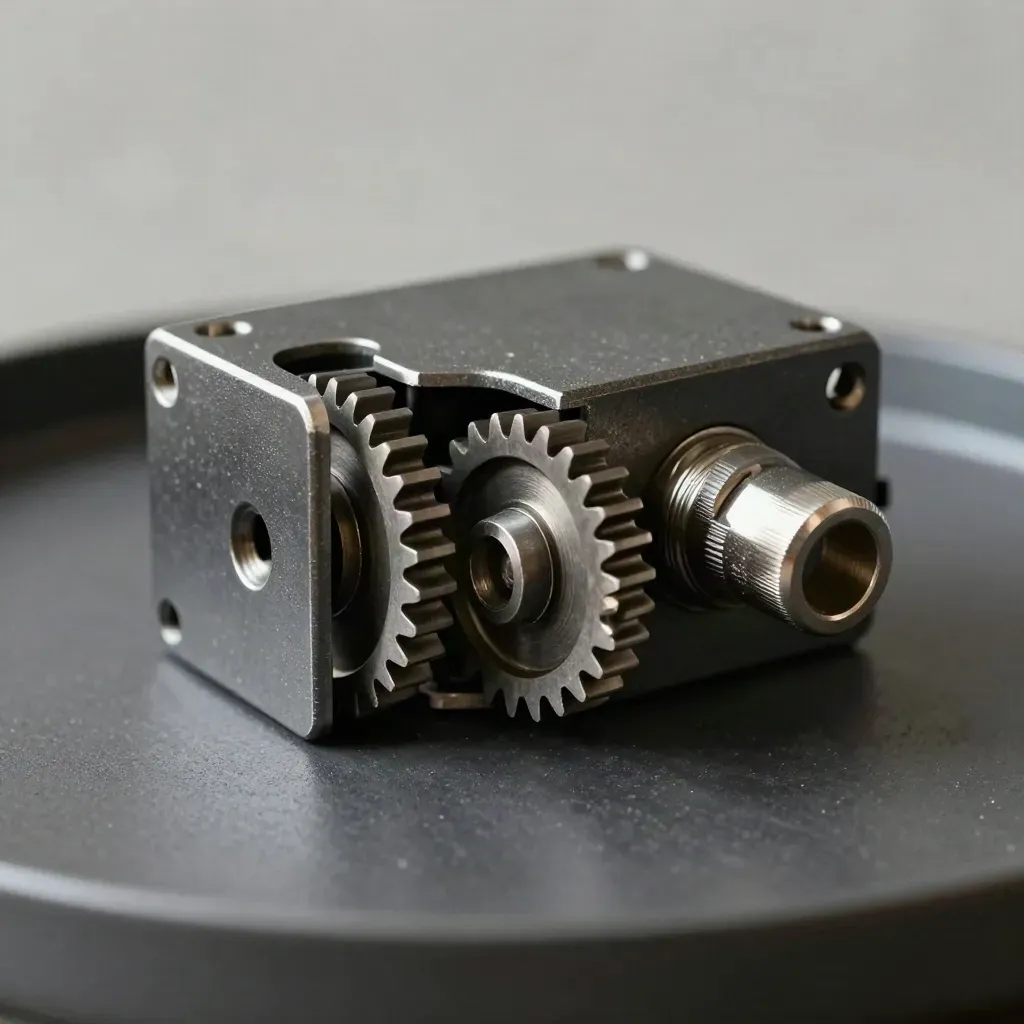 Macro of a graphite relay timer, meshing gear wheels and cable ferrule on a dark surface.