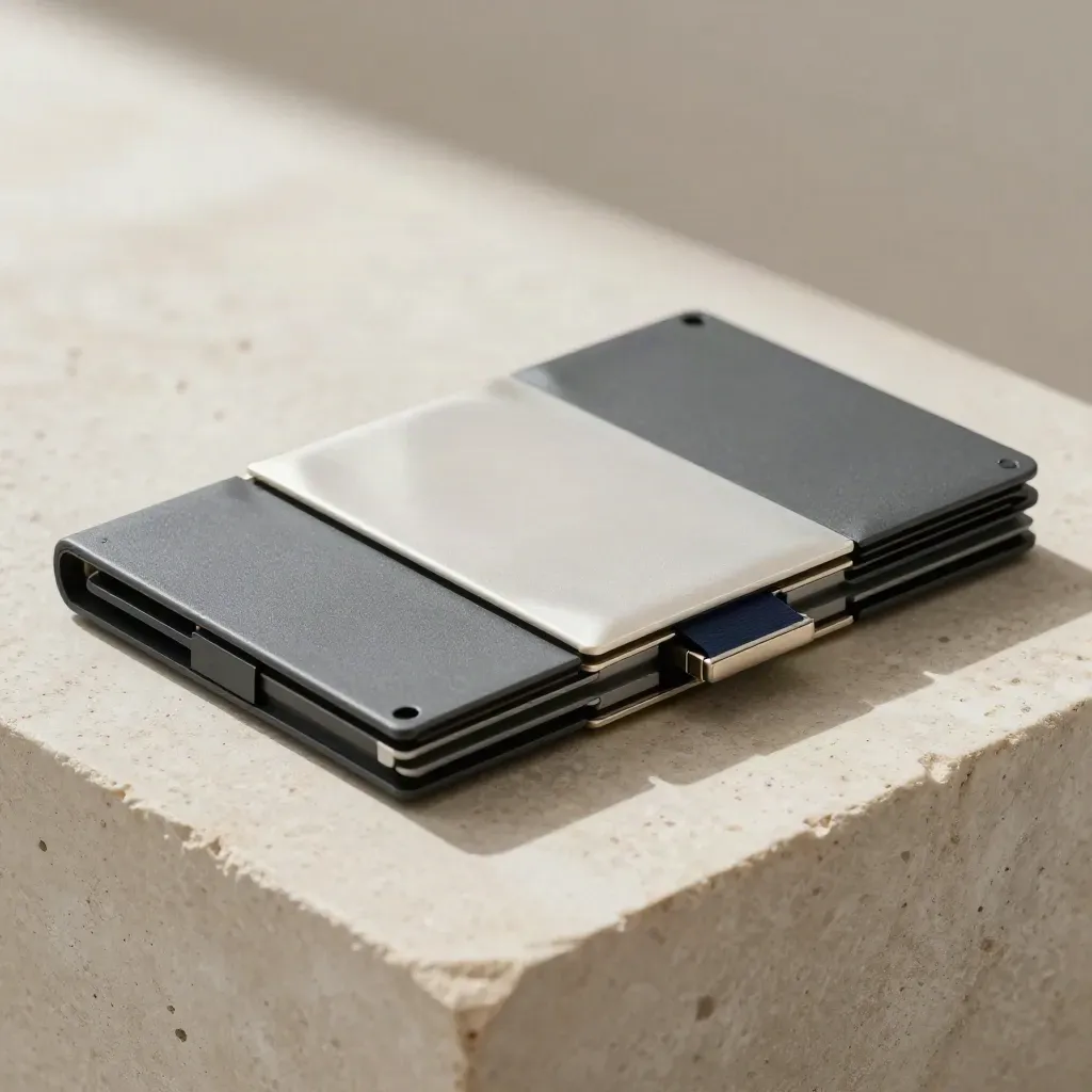Anti-static sleeves and an SSD tray on pale stone, shot from above with soft daylight.