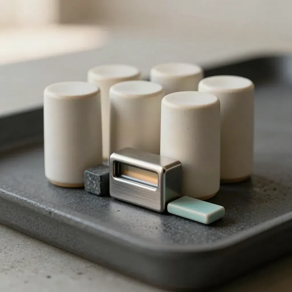Macro cluster of ceramic markers beside a brushed metal tally counter on charcoal concrete.