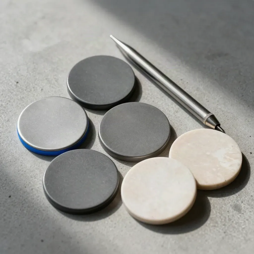 Top-down still life of blank workshop tokens, a metal pointer and folded sample pucks on concrete.