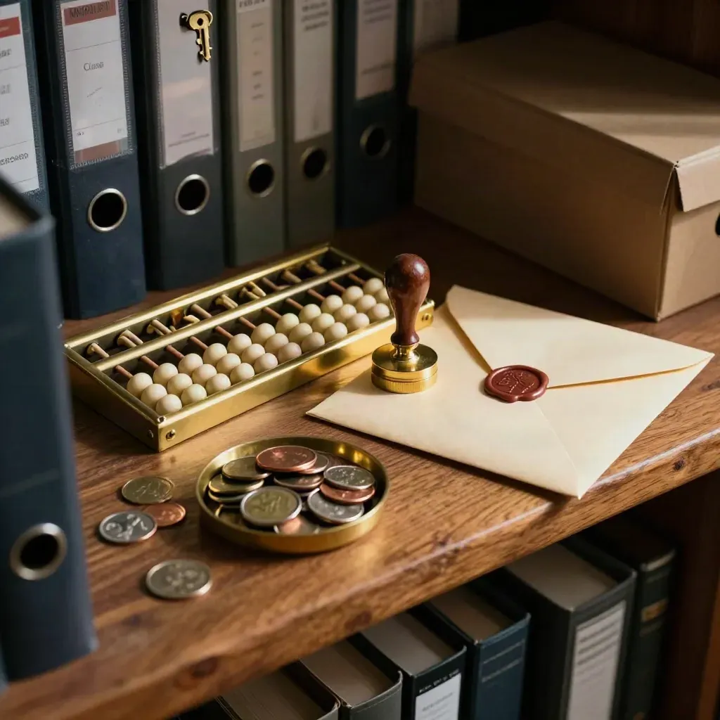 Brass abacus, approval stamp, coin tray and sealed envelope on oak shelf in a finance archive.