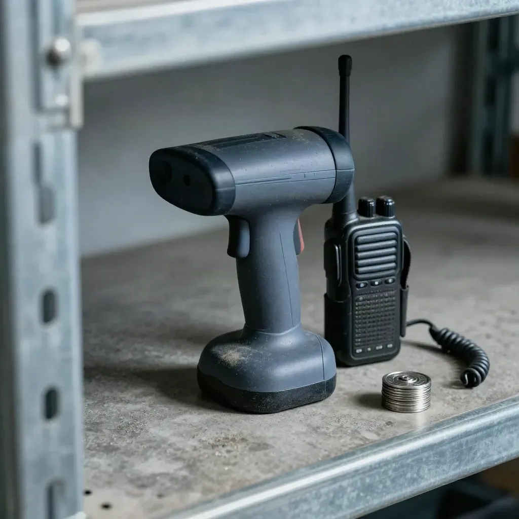 Scanner cradle, walkie-radio and warehouse tokens beside steel racking in moody industrial light.
