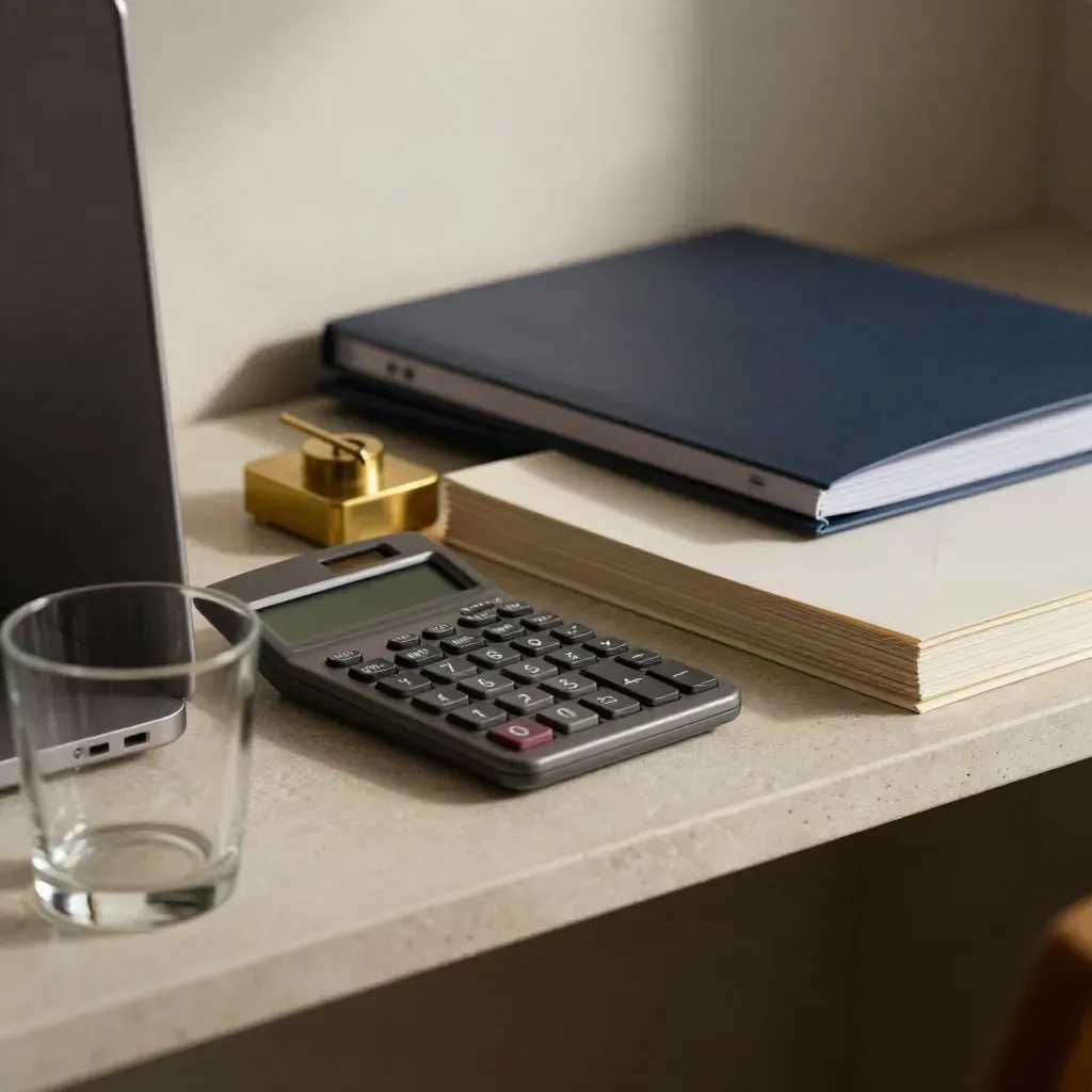 Founder’s office still life with laptop, calculator, brass weight and sealed mail stack
