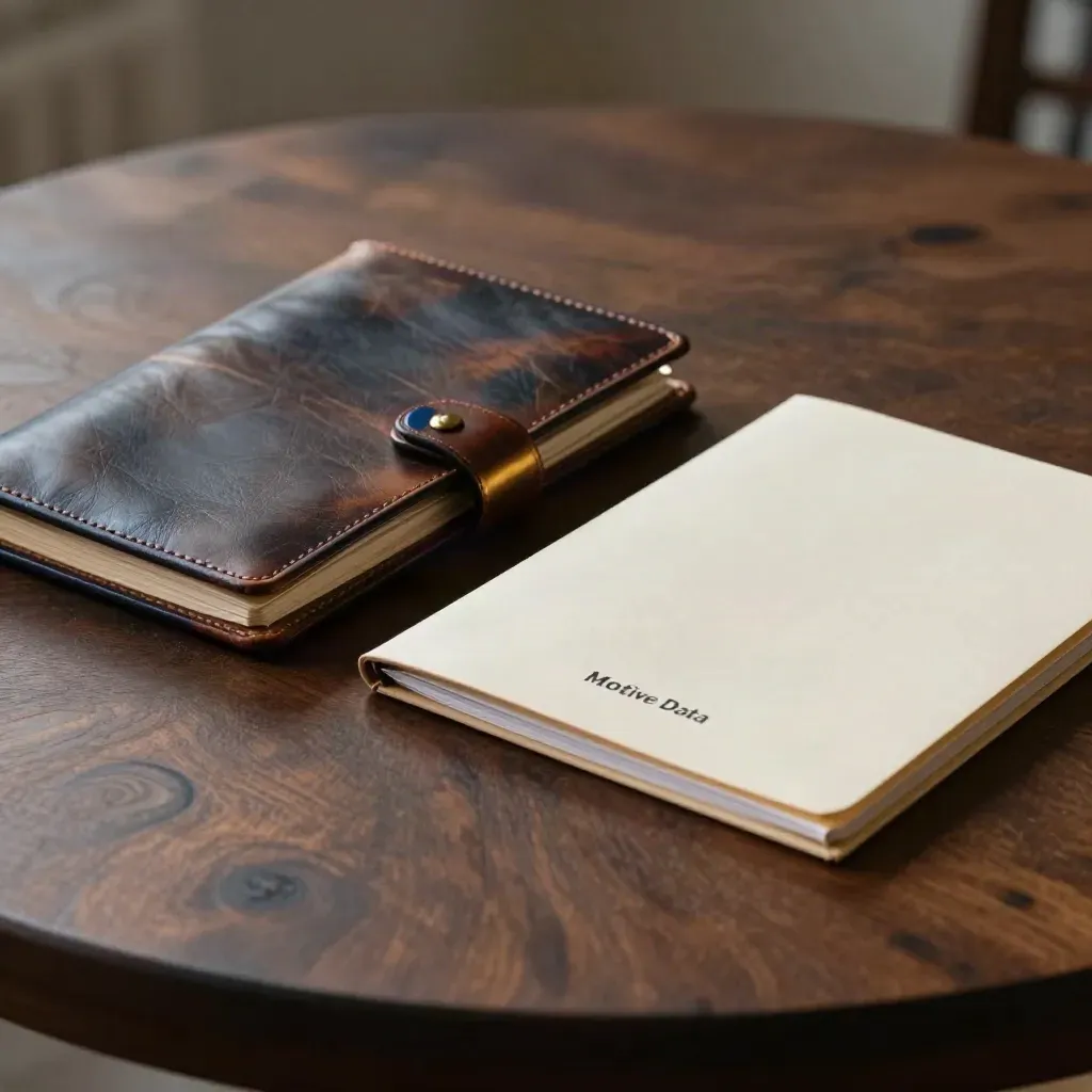 Leather portfolio, brass paperweight and two closed folders on dark wood with dramatic light.