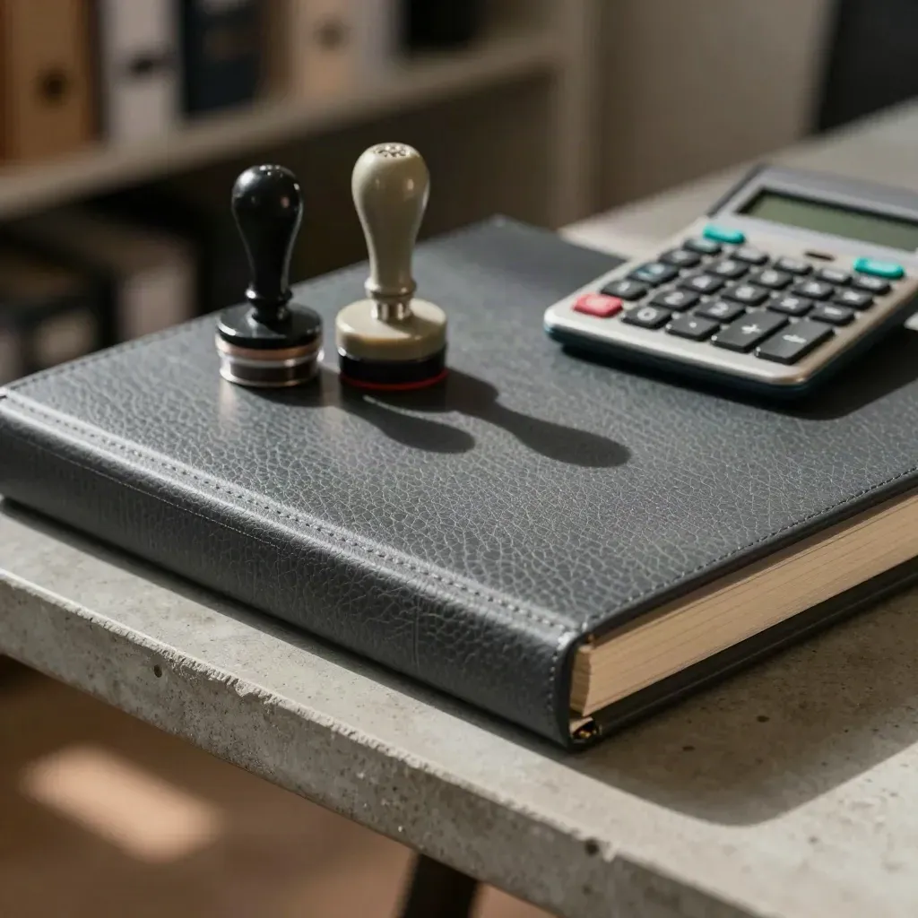 Slate report binder with stamp pads and calculator on concrete, teal accent, warm bokeh.