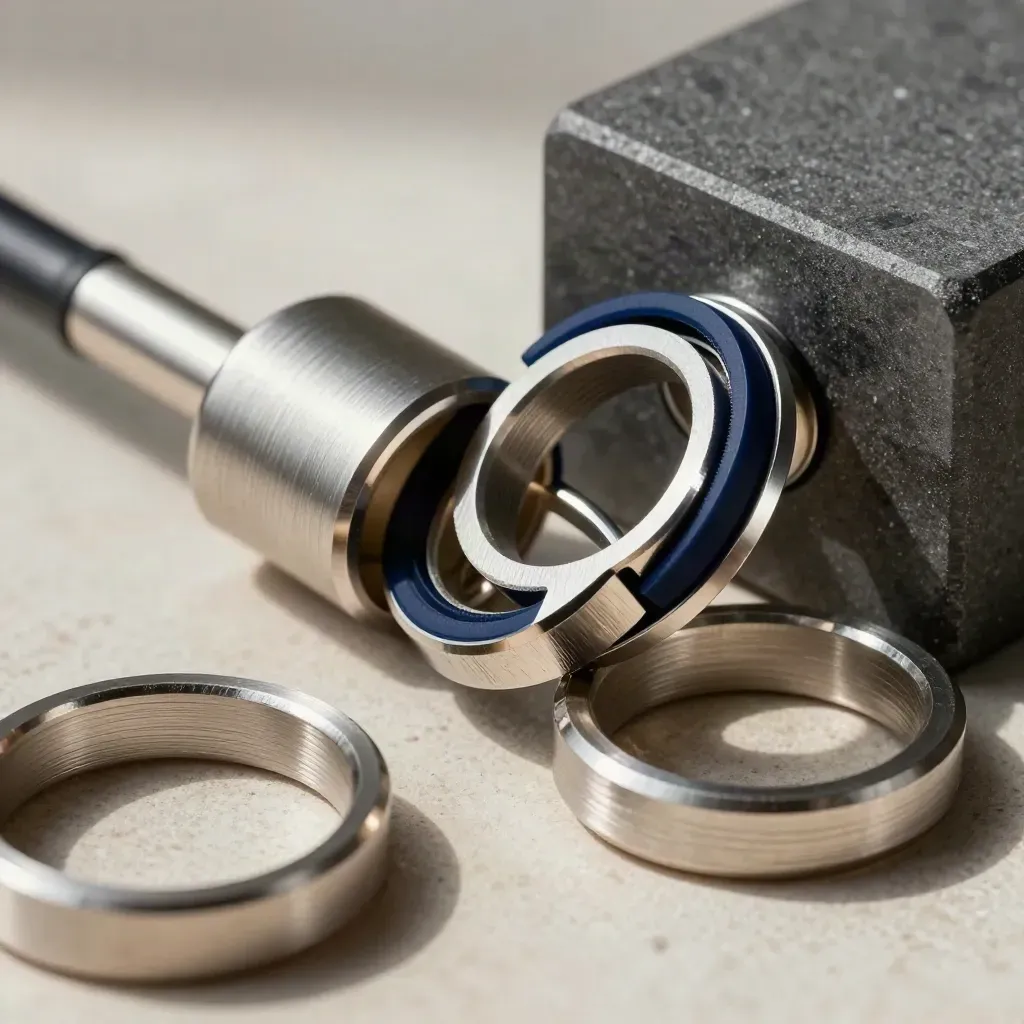 Brushed aluminium rings and a cable coupler on pale stone in dramatic macro light.