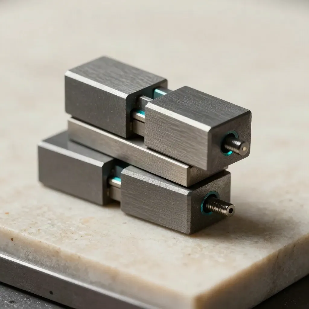 Machined blocks locking together with a precision pin on stone, accented in teal.