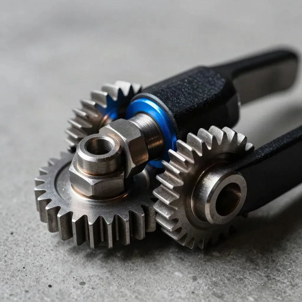 Steel gears, hex connector and black clamp on cool concrete with blue accent