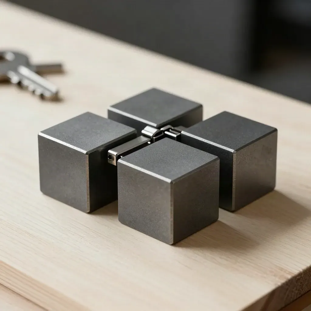 Graphite modular cubes, hinge clip and linking bar on a pale wood workbench under dramatic side light