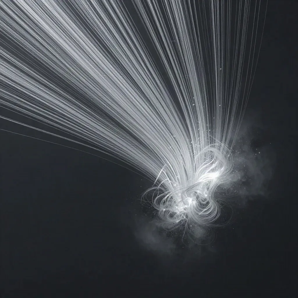 Silver light filaments bloom in dark graphite haze, leaving calm space for copy.